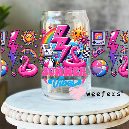 Summer Vibes Flamingo Floaty UV DTF Cup Wrap 16oz Libbey Glass Original Size Weefers