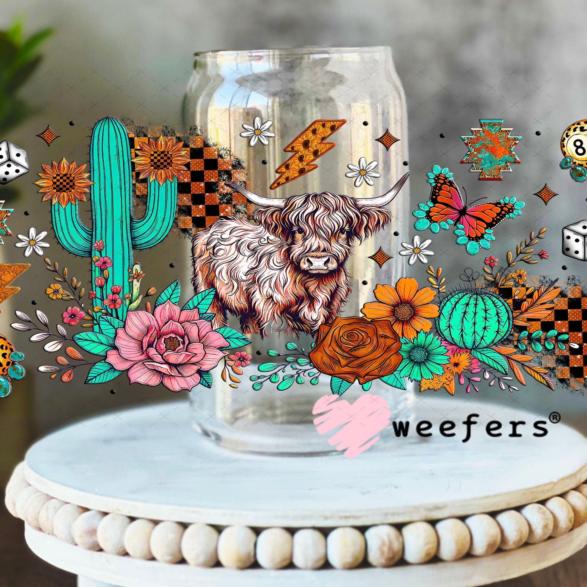 Highlander Leopard Eight Ball Rust Roses UV DTF Cup Wrap - Weefers Exclusive Wrap 16oz Libbey Glass Original Size Cup Wrap Weefers