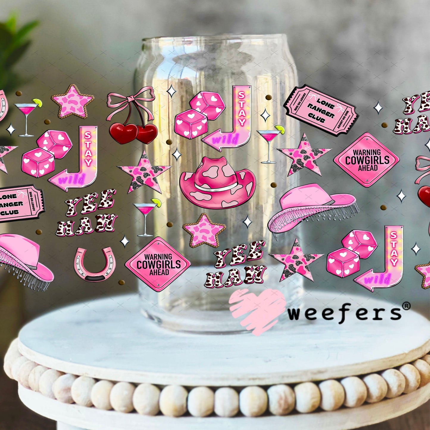 Pink Warning Cow Girls Ahead UV DTF Cup Wrap - Weefers Exclusive Wrap 16oz Libbey Glass Original Size Cup Wrap Weefers