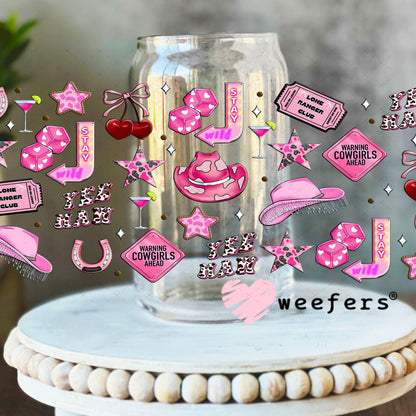 Pink Warning Cow Girls Ahead UV DTF Cup Wrap - Weefers Exclusive Wrap 16oz Libbey Glass Original Size Cup Wrap Weefers