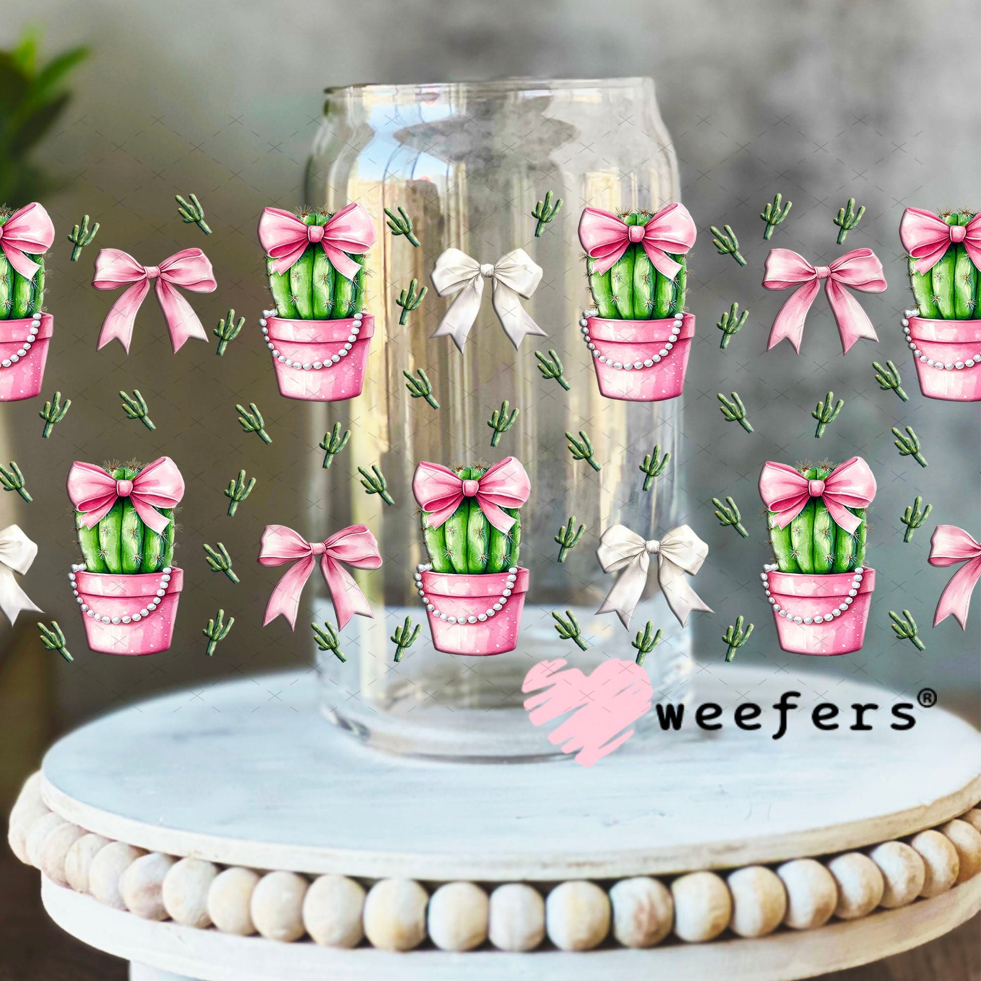 Pink Coquette Cactus UV DTF Cup Wrap - Weefers Exclusive Wrap 16oz Libbey Glass Original Size Cup Wrap Weefers