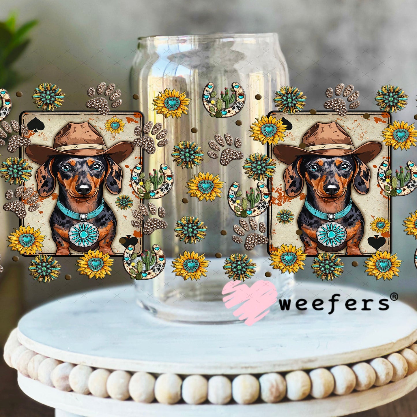 Cowboy Dachshund Dog UV DTF Cup Wrap - Weefers Exclusive Wrap 16oz Libbey Glass Original Size Cup Wrap Weefers