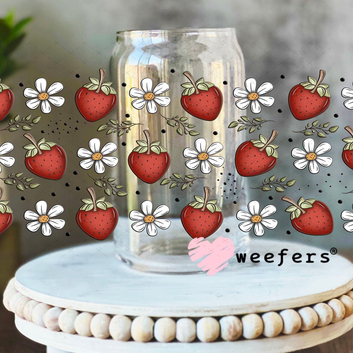 Strawberries and White Flowers UV DTF Cup Wrap - Weefers Exclusive Wrap 16oz Libbey Glass Original Size Cup Wrap Weefers