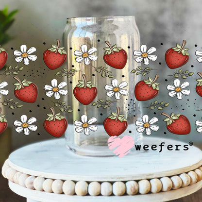 Strawberries and White Flowers UV DTF Cup Wrap - Weefers Exclusive Wrap 16oz Libbey Glass Original Size Cup Wrap Weefers