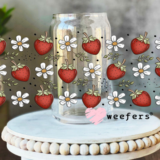 Strawberries and White Flowers UV DTF Cup Wrap - Weefers Exclusive Wrap 16oz Libbey Glass Original Size Cup Wrap Weefers