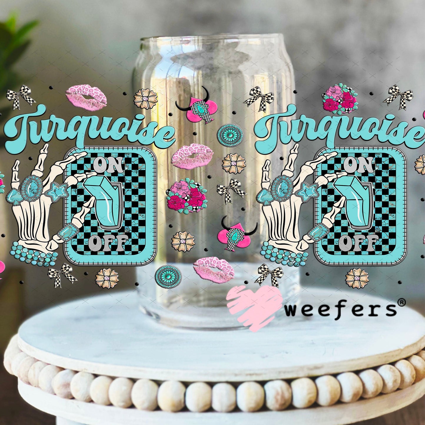 Turquoise On UV DTF Cup Wrap - Weefers Exclusive Wrap 16oz Libbey Glass Original Size Cup Wrap Weefers