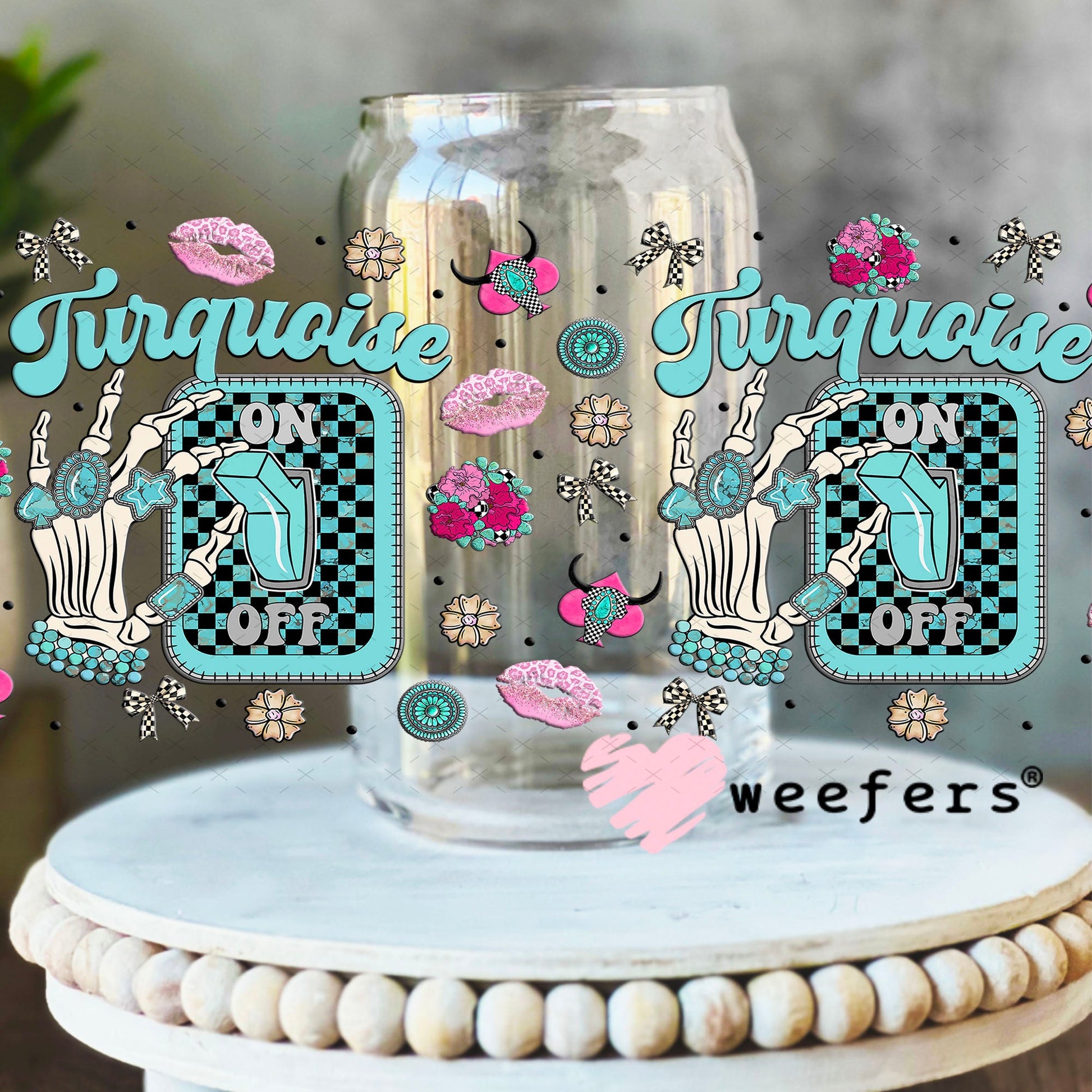 Turquoise On UV DTF Cup Wrap - Weefers Exclusive Wrap 16oz Libbey Glass Original Size Cup Wrap Weefers