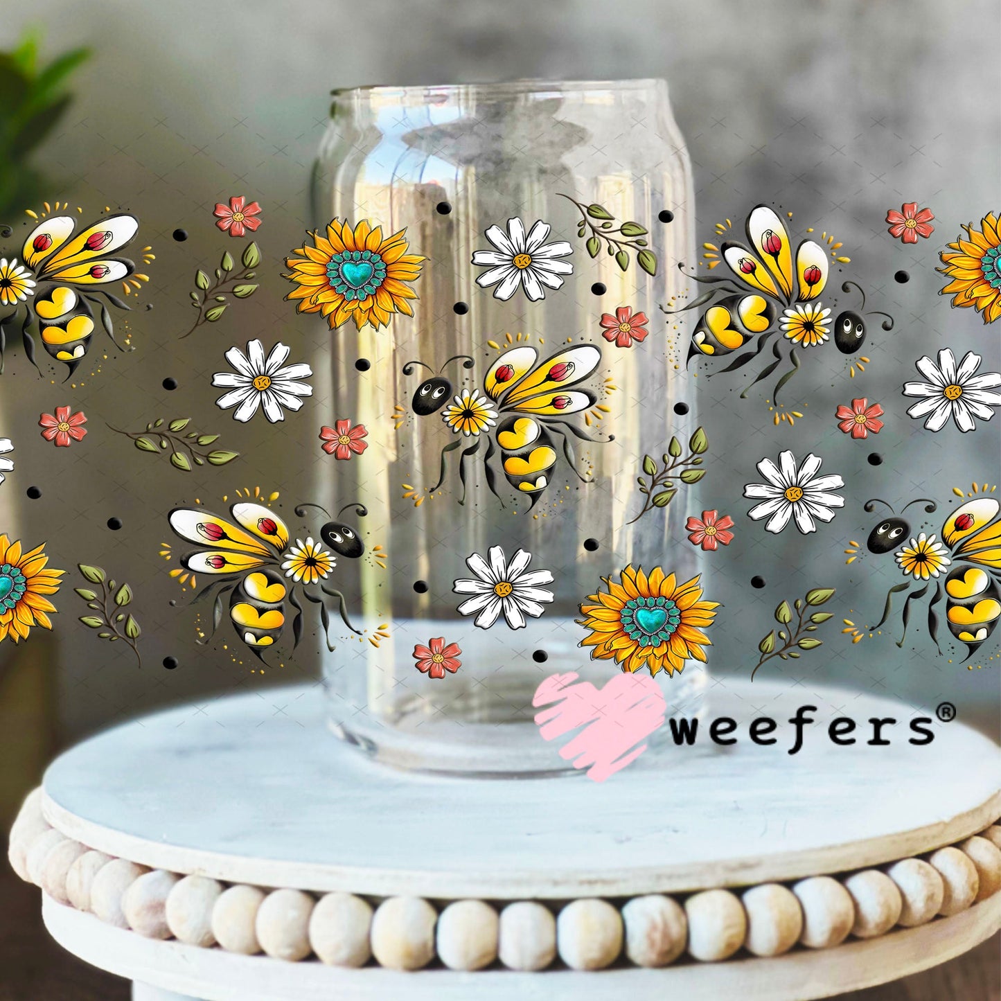 Fancy Flower Bees UV DTF Cup Wrap - Weefers Exclusive Wrap 16oz Libbey Glass Original Size Cup Wrap Weefers