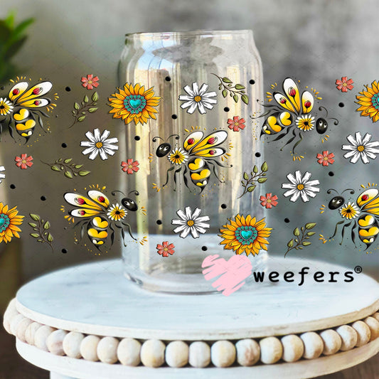 Fancy Flower Bees UV DTF Cup Wrap - Weefers Exclusive Wrap 16oz Libbey Glass Original Size Cup Wrap Weefers