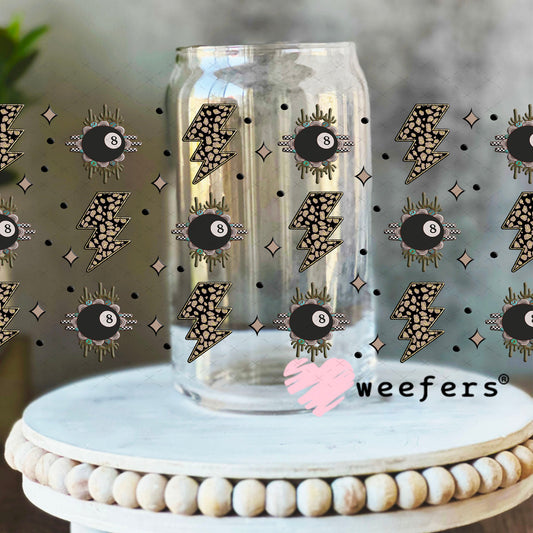 Black Eightball Leopard Print Lightening Bolt UV DTF Cup Wrap - Weefers Exclusive Wrap 16oz Libbey Glass Original Size Cup Wrap Weefers