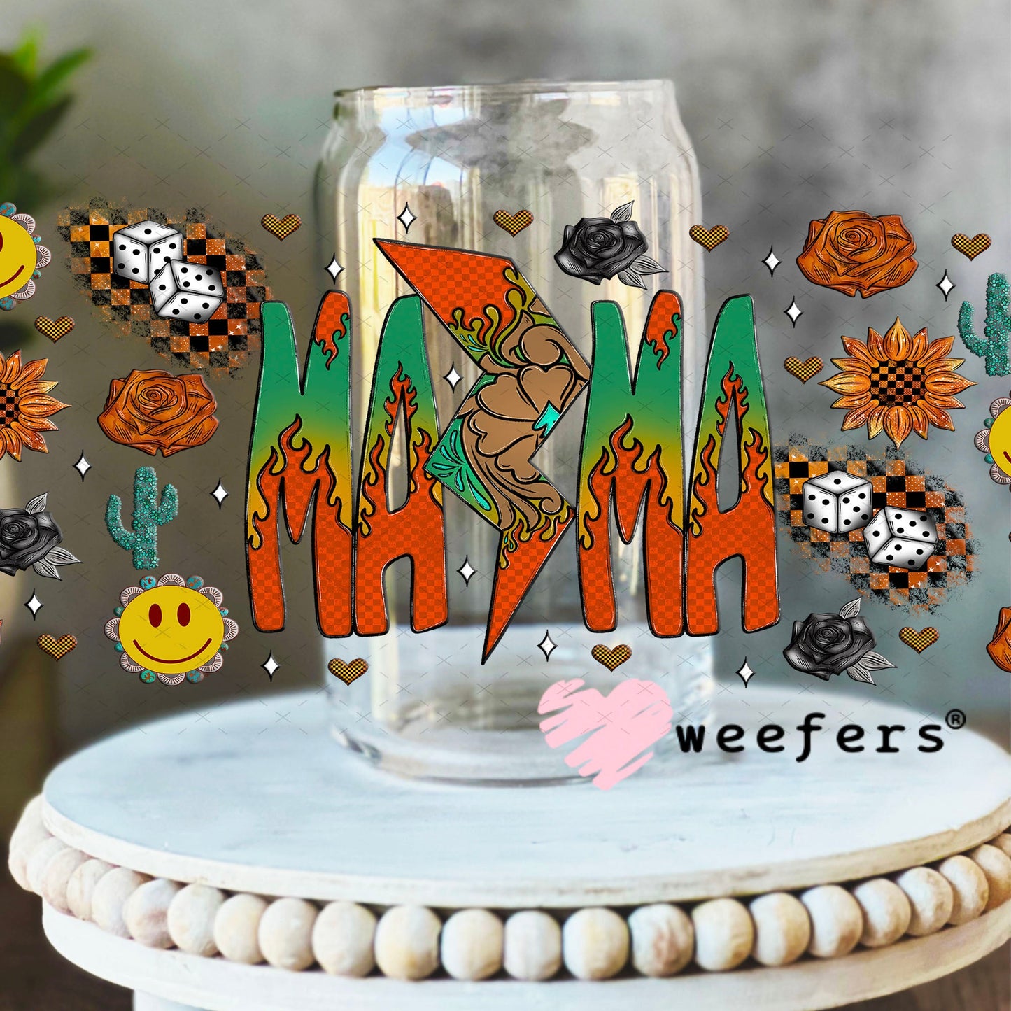 Mama Green and Orange Lightening Bolt UV DTF Cup Wrap - Weefers Exclusive Wrap 16oz Libbey Glass Original Size Cup Wrap Weefers
