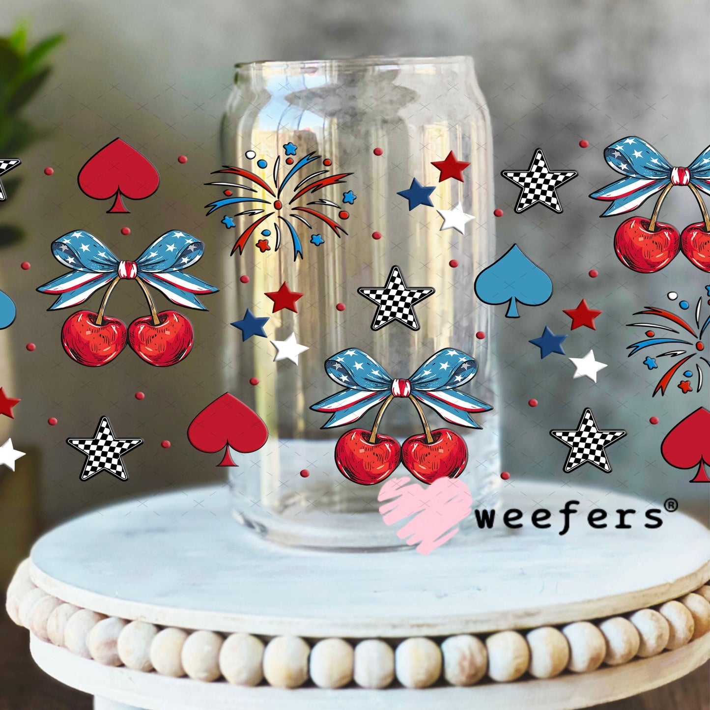 4th of July Cherries and Sparkles UV DTF Cup Wrap - Weefers Exclusive Wrap 16oz Libbey Glass Original Size Cup Wrap Weefers