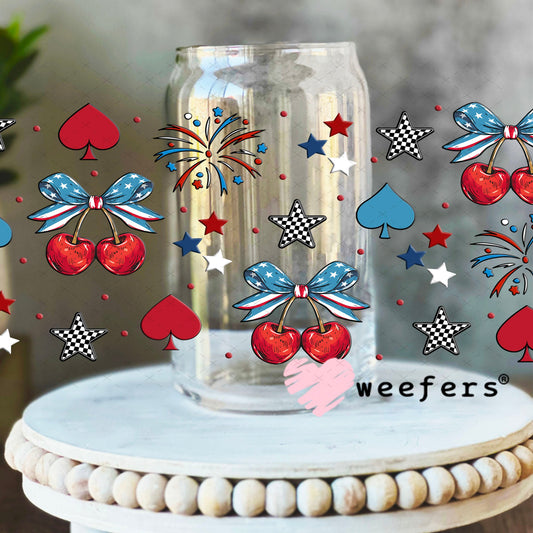 4th of July Cherries and Sparkles UV DTF Cup Wrap - Weefers® Exclusive 16oz Libbey Glass Original Size Cup Wrap Weefers