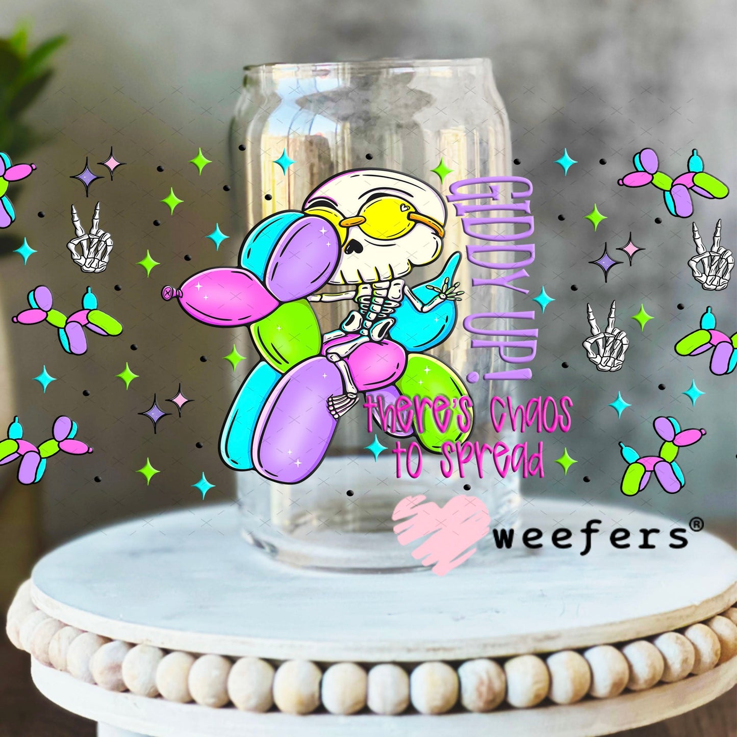 Giddy Up There's Chaos to Be Served Balloon Dog UV DTF Cup Wrap - Weefers Exclusive Wrap 16oz Libbey Glass Original Size Cup Wrap Weefers