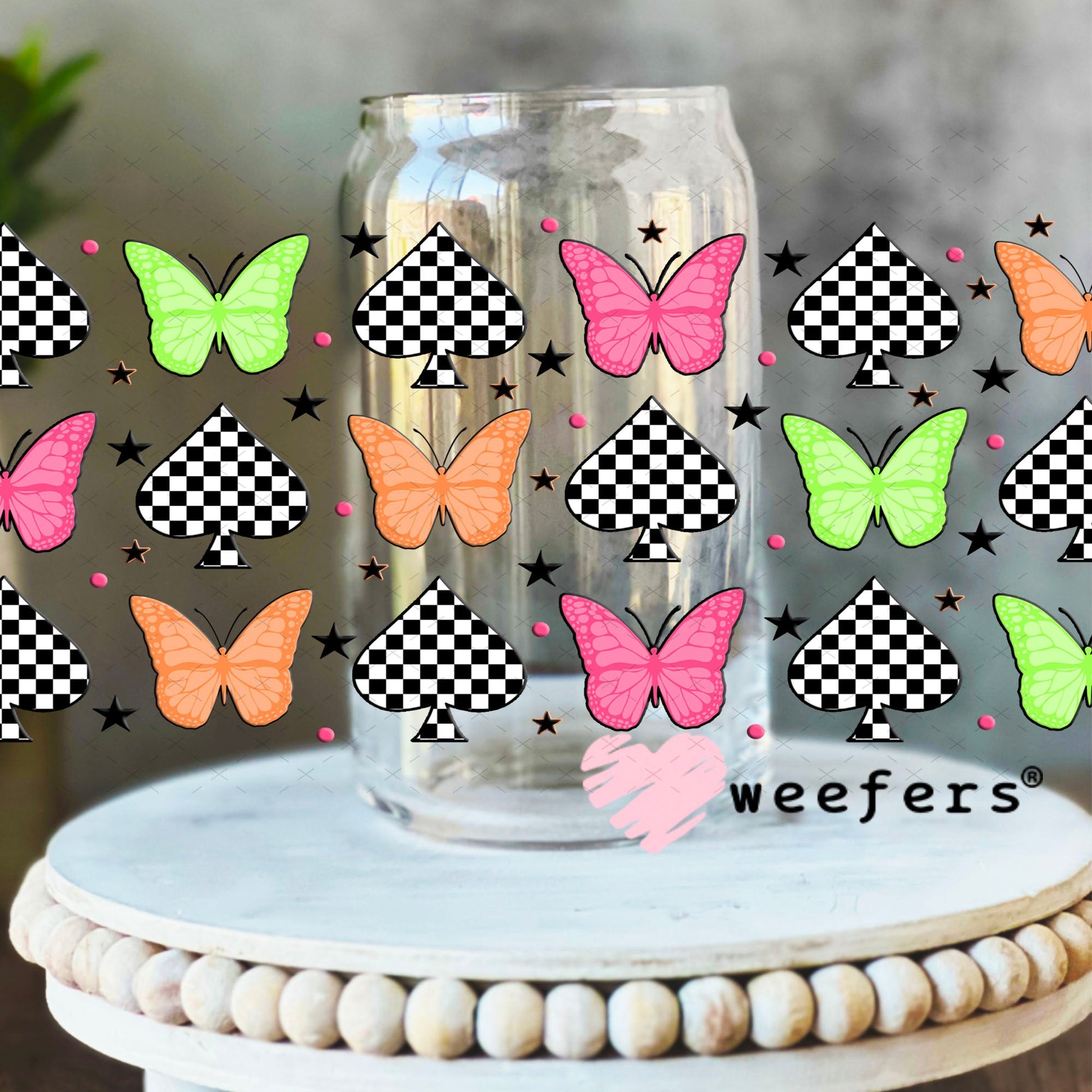 Green Pink and Orange Butterflies UV DTF Cup Wrap - Weefers Exclusive Wrap 16oz Libbey Glass Original Size Cup Wrap Weefers