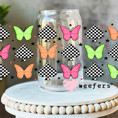 Green Pink and Orange Butterflies UV DTF Cup Wrap - Weefers Exclusive Wrap 16oz Libbey Glass Original Size Cup Wrap Weefers