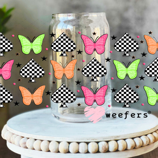 Green Pink and Orange Butterflies UV DTF Cup Wrap - Weefers Exclusive Wrap 16oz Libbey Glass Original Size Cup Wrap Weefers