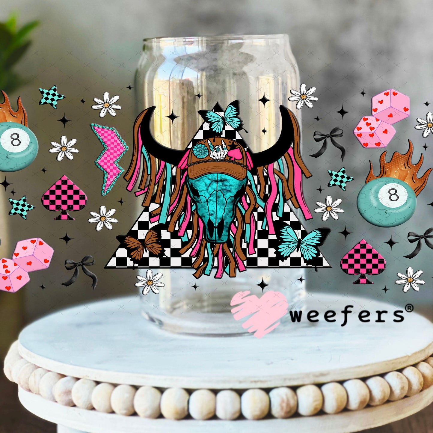 Bougie Cow Skull Trucker Hat UV DTF Cup Wrap - Weefers Exclusive Wrap 16oz Libbey Glass Original Size Cup Wrap Weefers