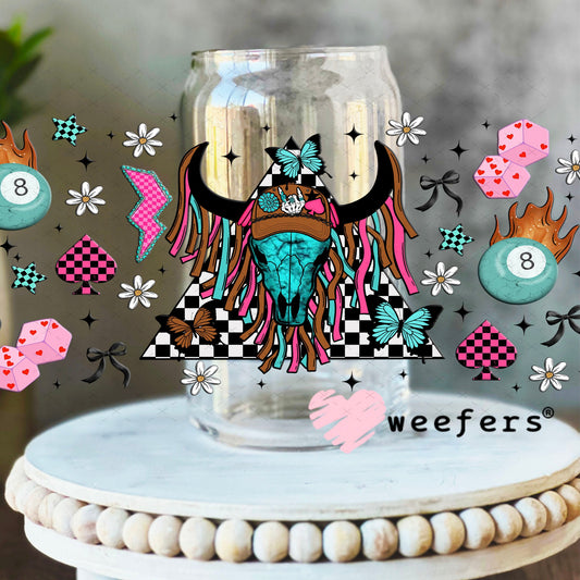 Bougie Cow Skull Trucker Hat UV DTF Cup Wrap - Weefers Exclusive Wrap 16oz Libbey Glass Original Size Cup Wrap Weefers