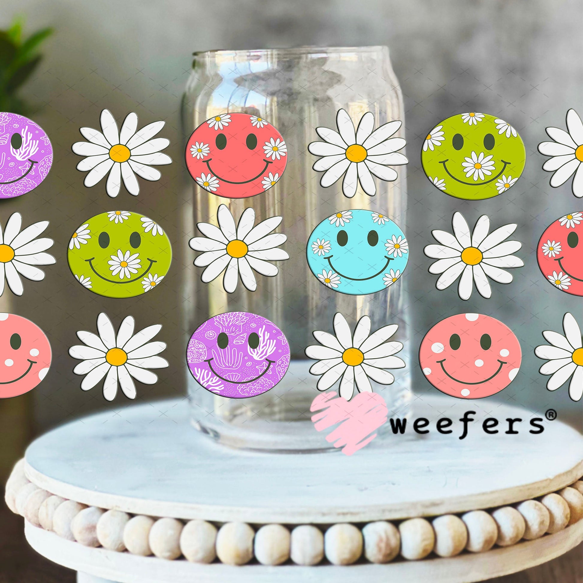 Happy Faces White Flowers UV DTF Cup Wrap - Weefers Exclusive Wrap 16oz Libbey Glass Original Size Cup Wrap Weefers