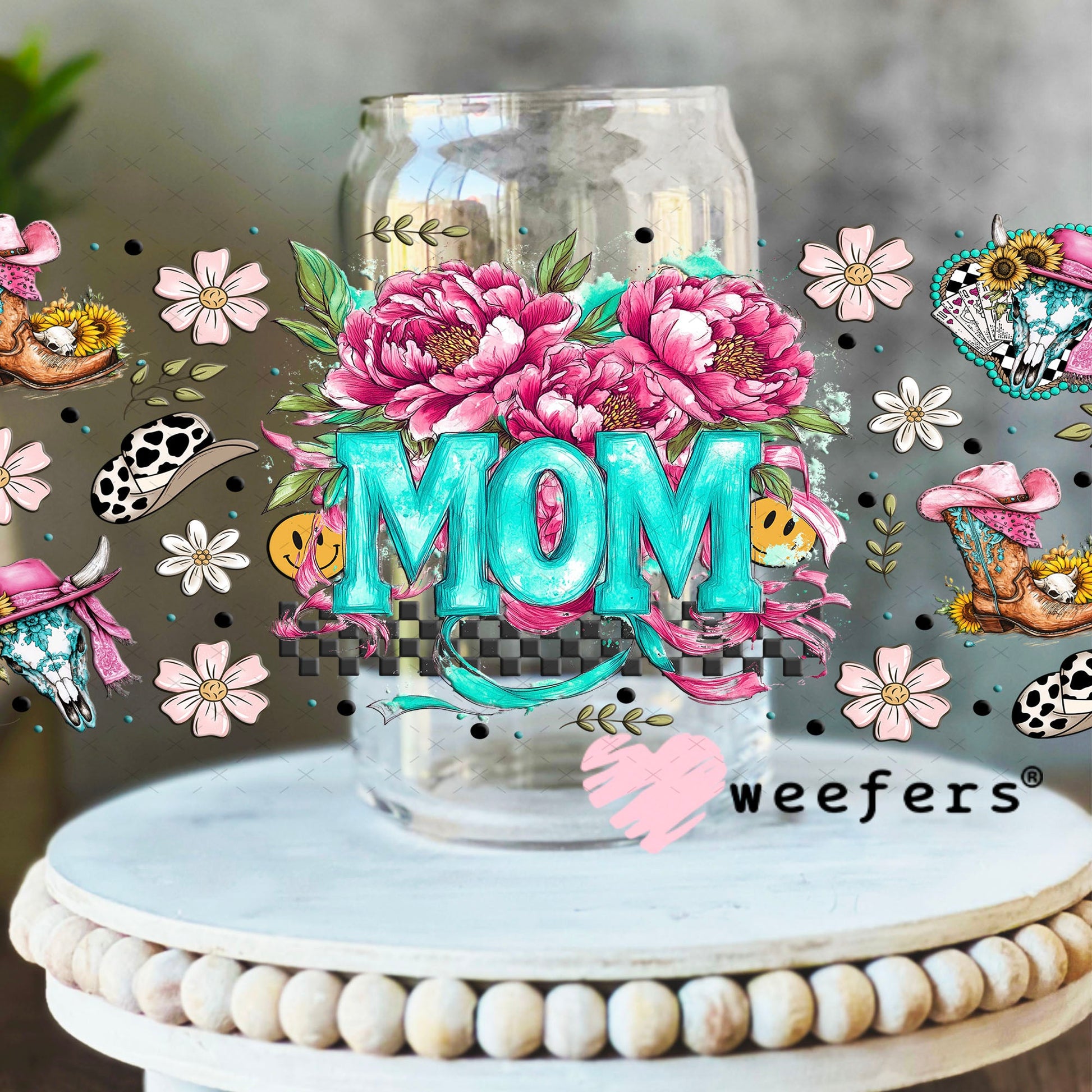 Mom Pink Flowers Western UV DTF Cup Wrap - Weefers Exclusive Wrap 16oz Libbey Glass Original Size Cup Wrap Weefers