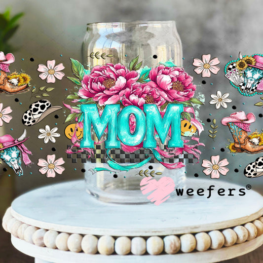 Mom Pink Flowers Western UV DTF Cup Wrap - Weefers Exclusive Wrap 16oz Libbey Glass Original Size Cup Wrap Weefers