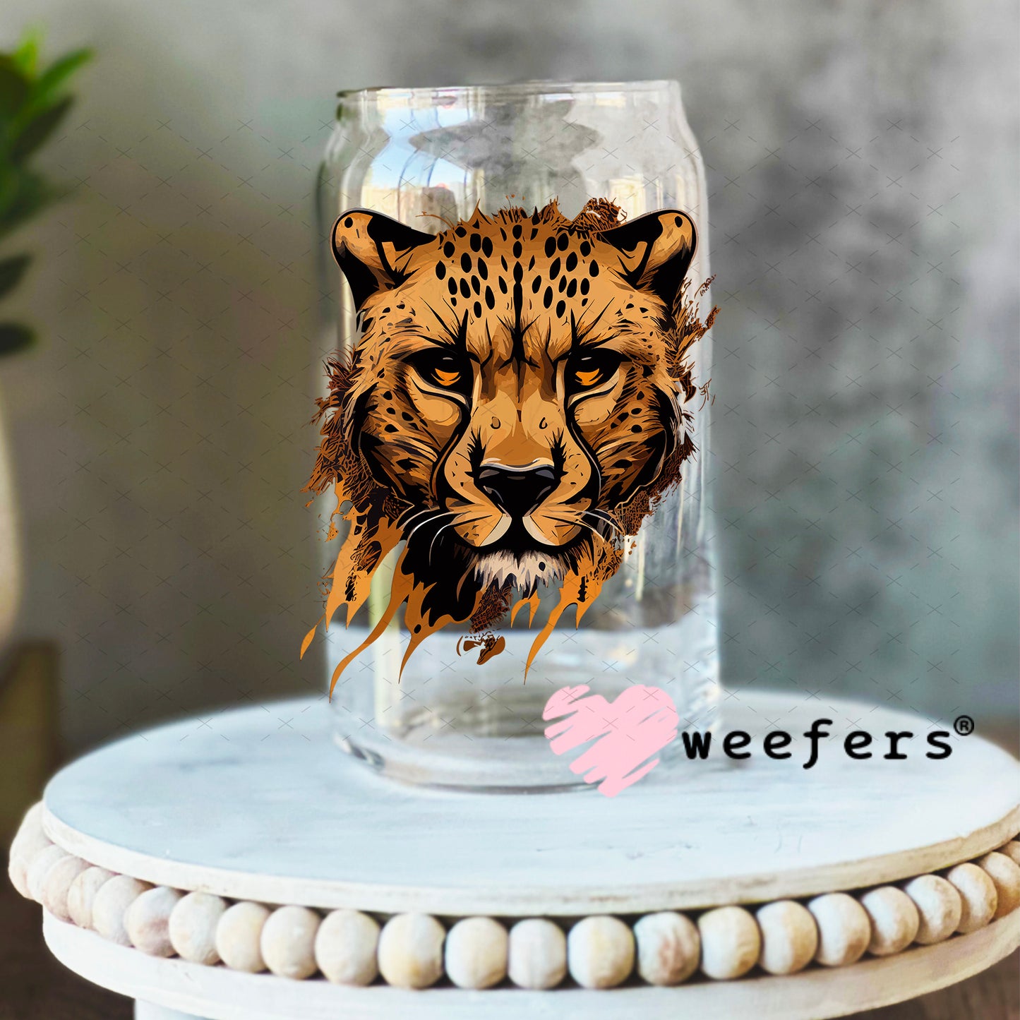 Brown Cheetah UV DTF Decal 16oz Libbey Glass Original Size Weefers