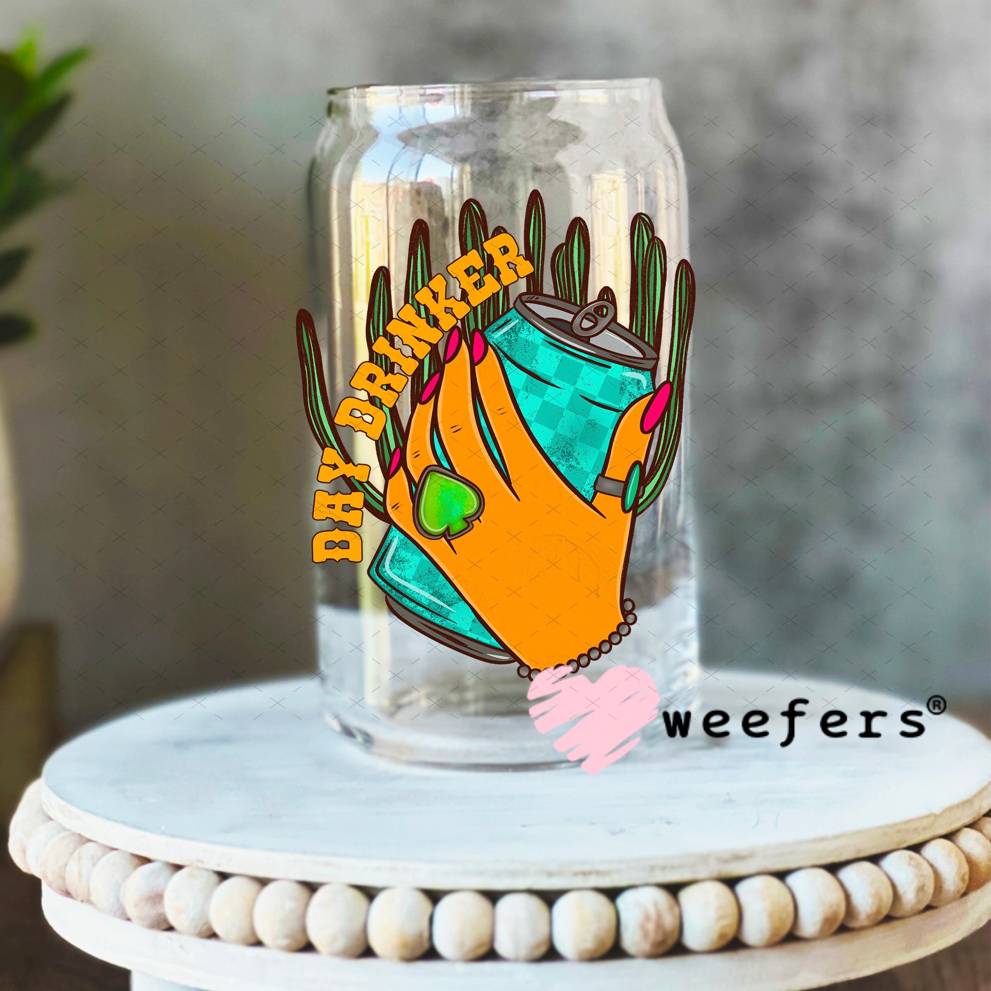 Day Drinker UV DTF Decal 16oz Libbey Glass Original Size Weefers