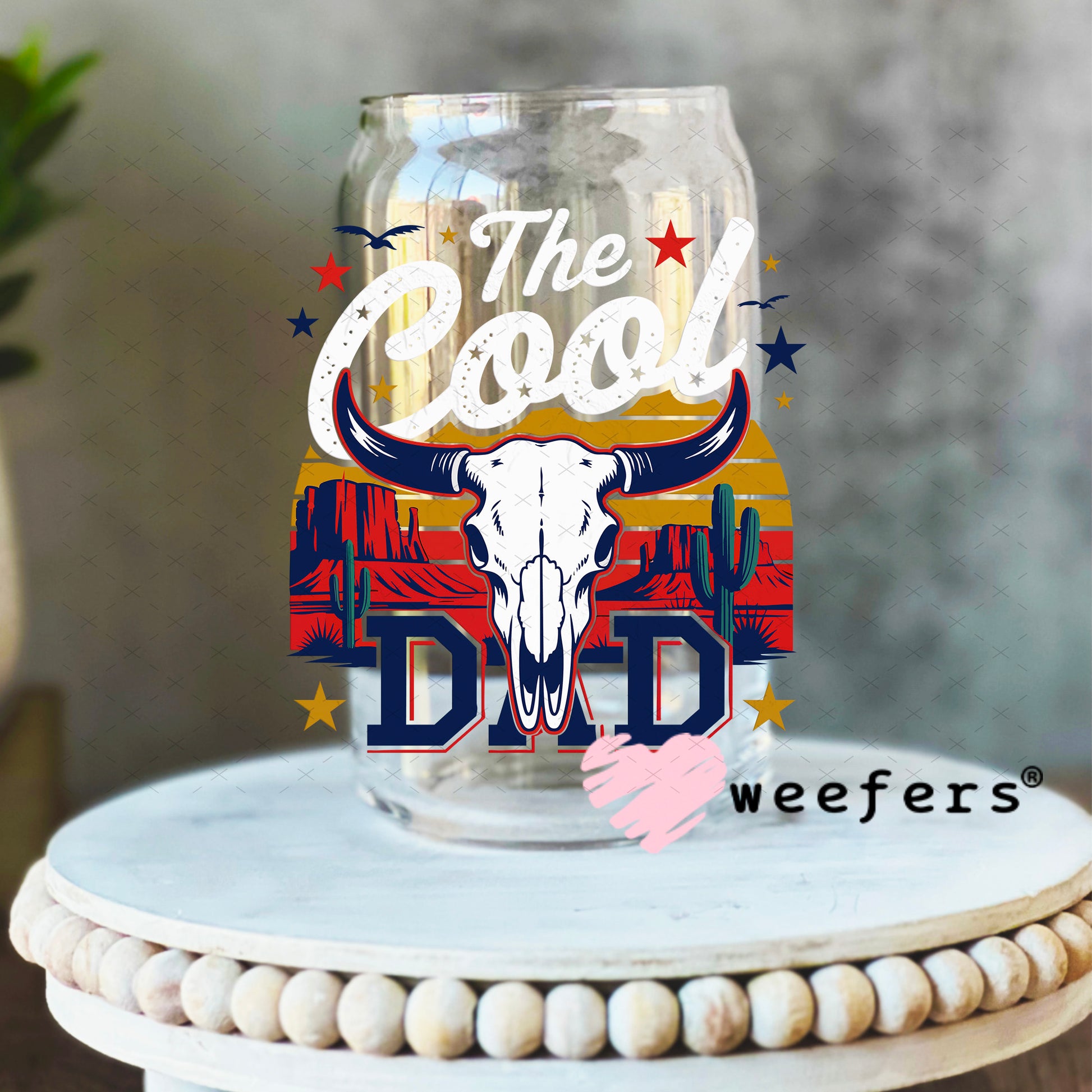 The Cool Dad White UV DTF Decal 16oz Libbey Glass Original Size Weefers