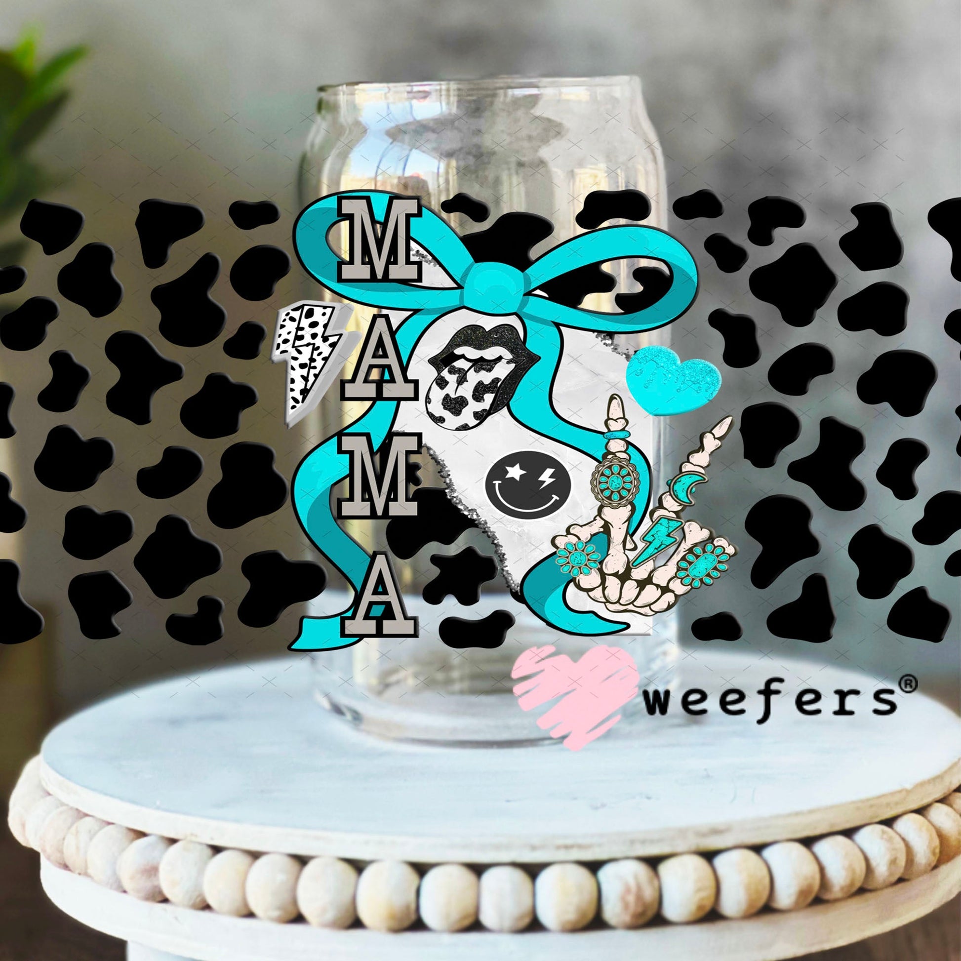 Mama Blue Bow Black Cow Print UV DTF Cup Wrap - Weefers Exclusive Wrap Weefers
