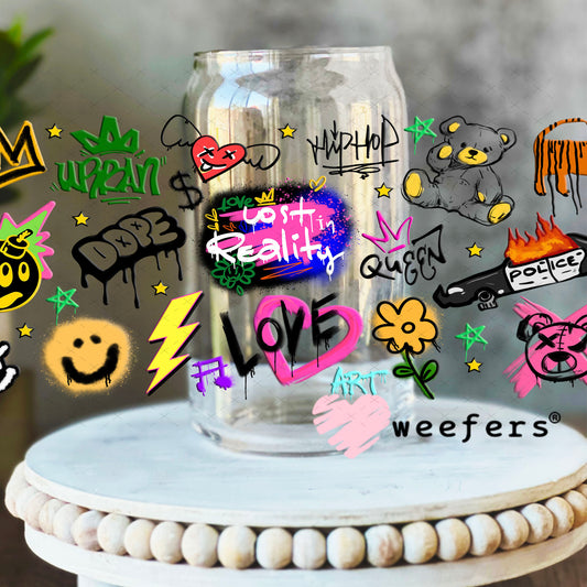 Retro Colorful Graffiti UV DTF Cup Wrap - Weefers Exclusive Wrap 16oz Libbey Glass Original Size Weefers
