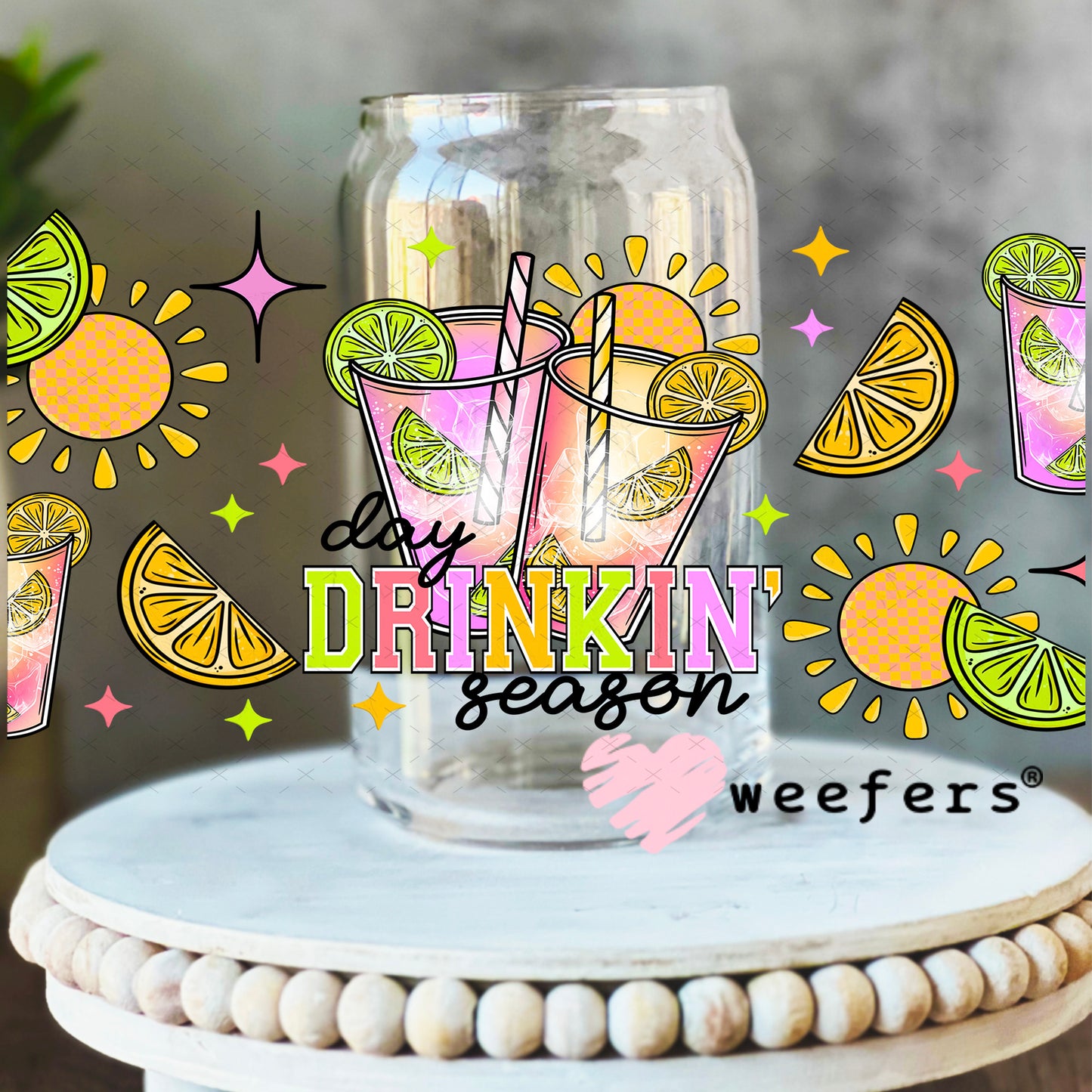 Day Drinkin Season UV DTF Cup Wrap 16oz Libbey Glass Original Size Weefers
