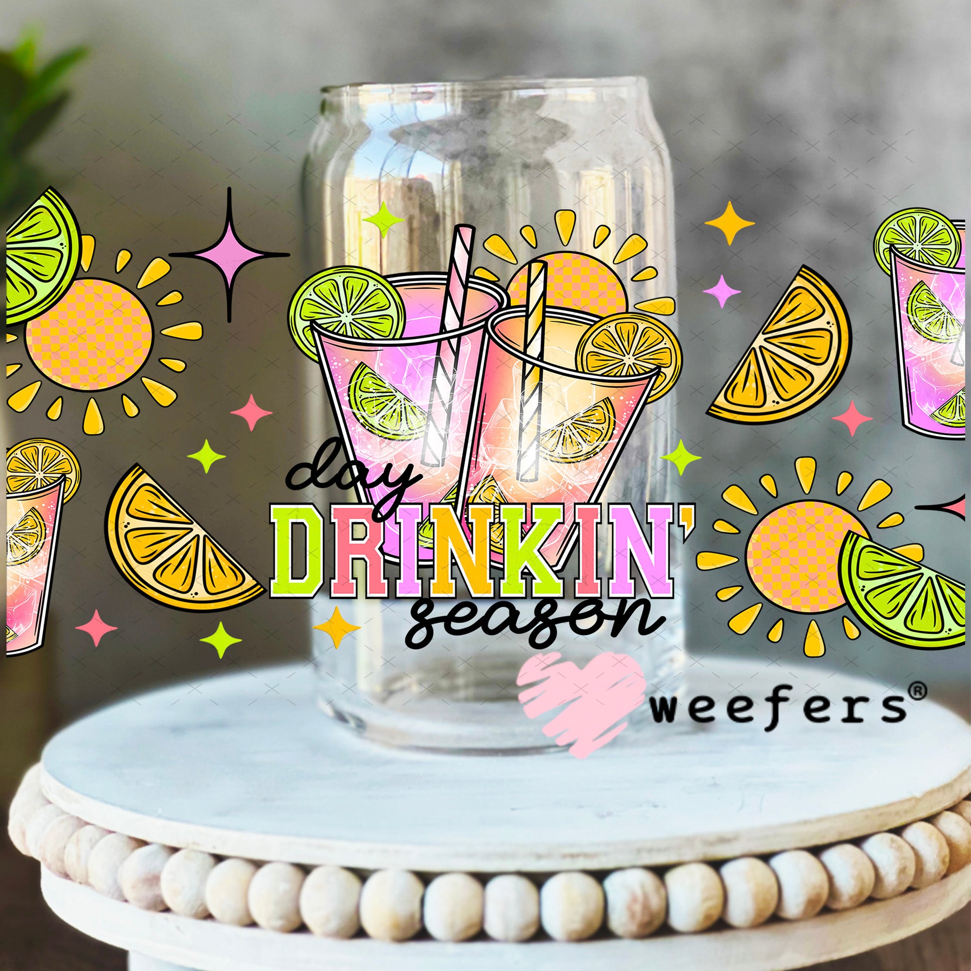 Day Drinkin Season UV DTF Cup Wrap 16oz Libbey Glass Original Size Weefers