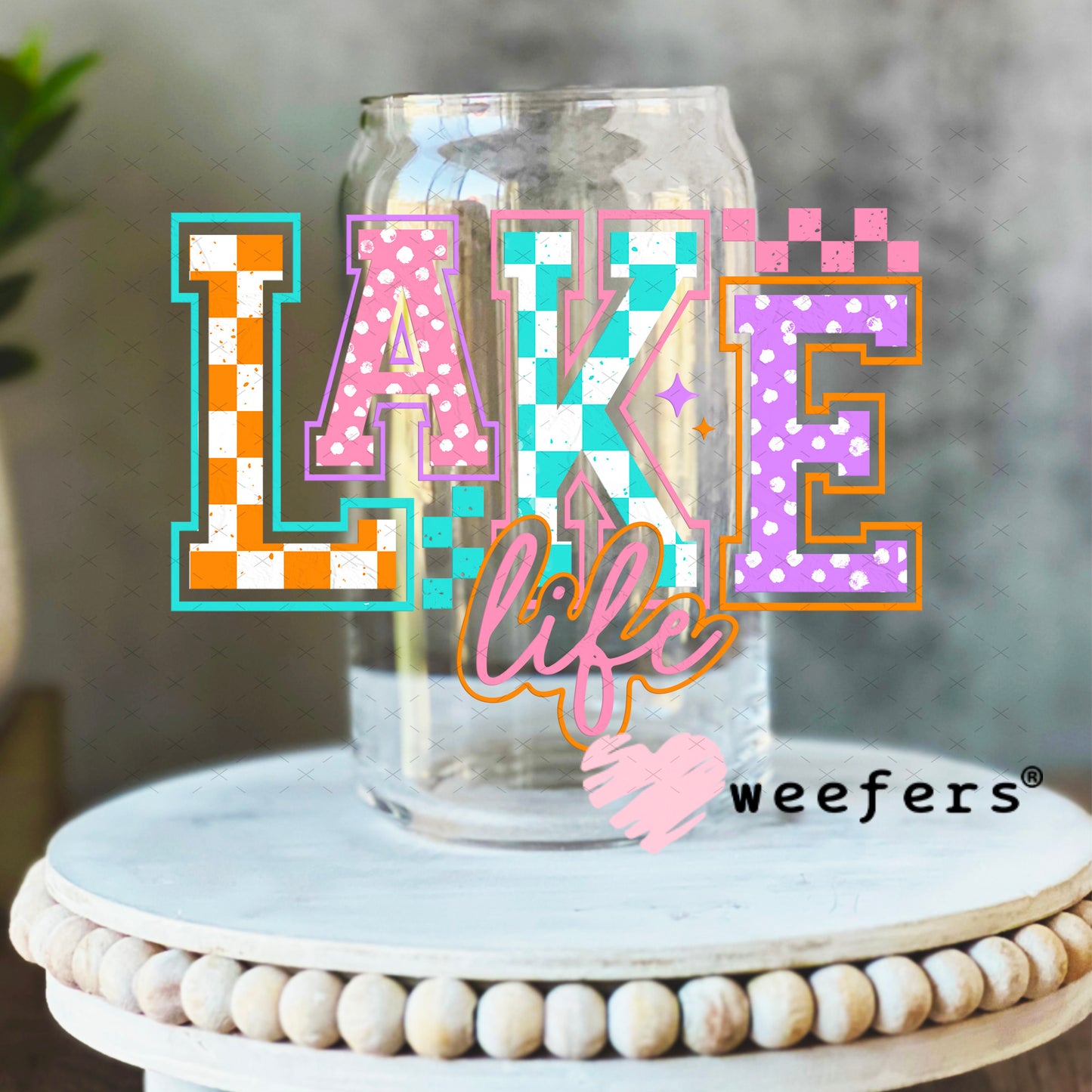 Lake Life Checkers and Polka Dots UV DTF Decal 16oz Libbey Glass Original Size Weefers