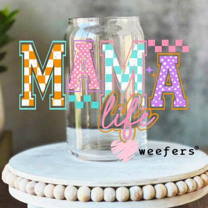 Mama Life Checkers and Polka Dots UV DTF Decal 16oz Libbey Glass Original Size Weefers
