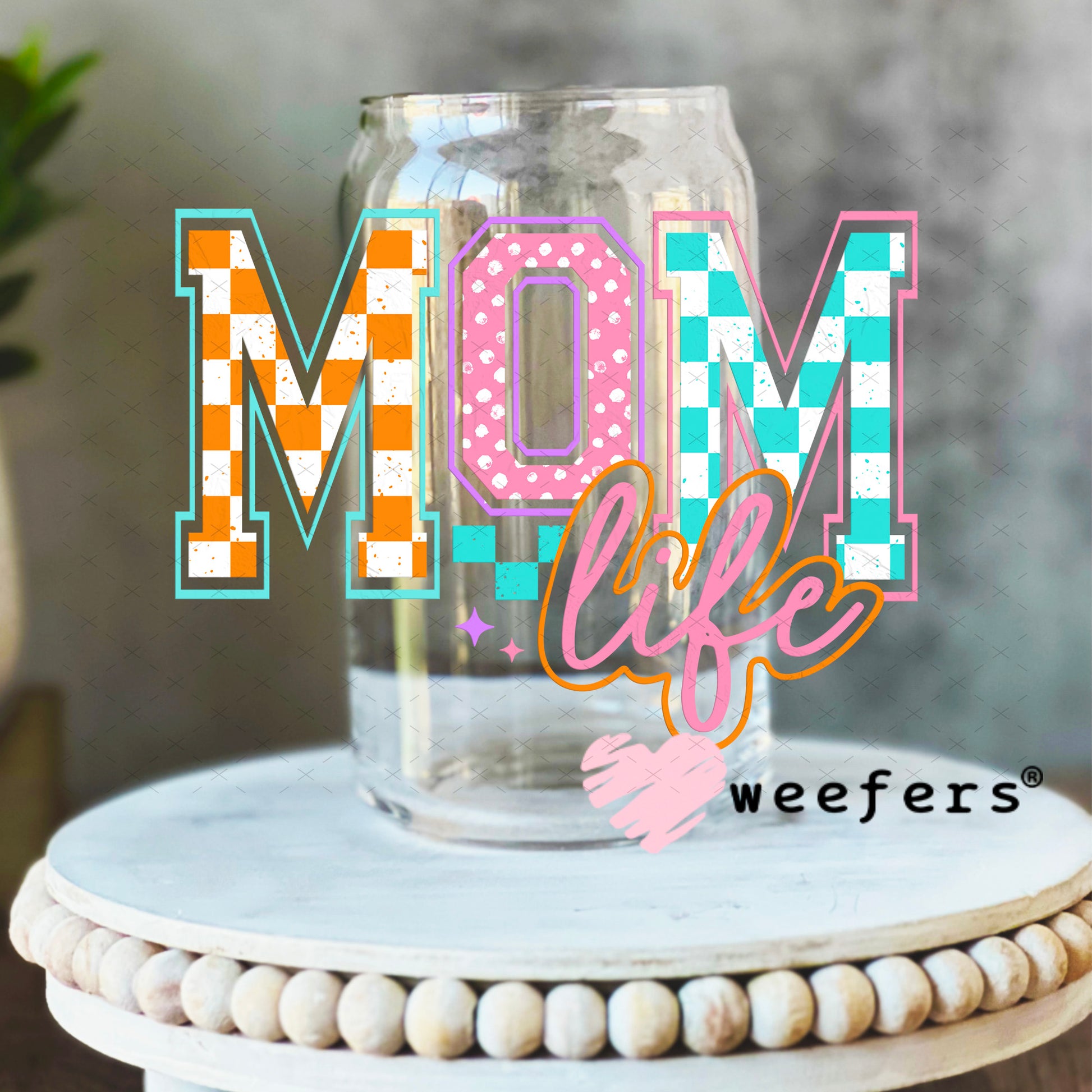 Mom Life Checkers and Polka Dots UV DTF Decal 16oz Libbey Glass Original Size Weefers