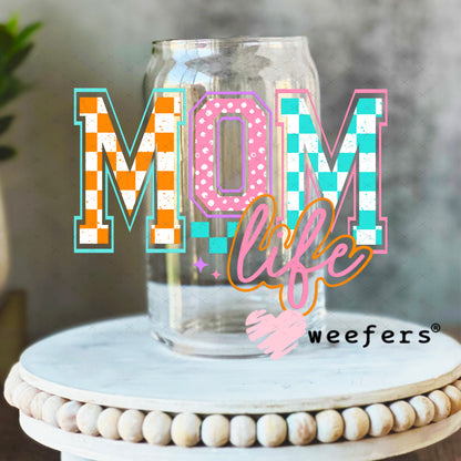 Mom Life Checkers and Polka Dots UV DTF Decal 16oz Libbey Glass Original Size Weefers
