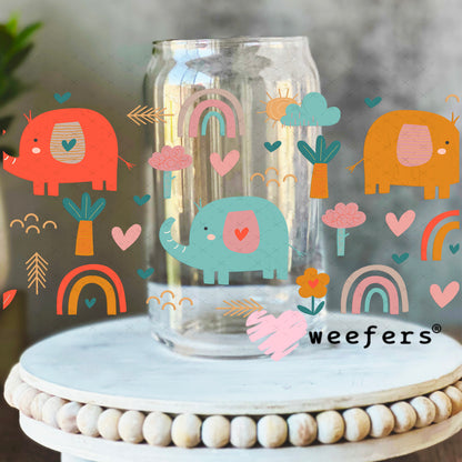 Whimsical Elephants and Rainbows UV DTF Cup Wrap - Weefers Exclusive Wrap 16oz Libbey Glass Original Size Weefers