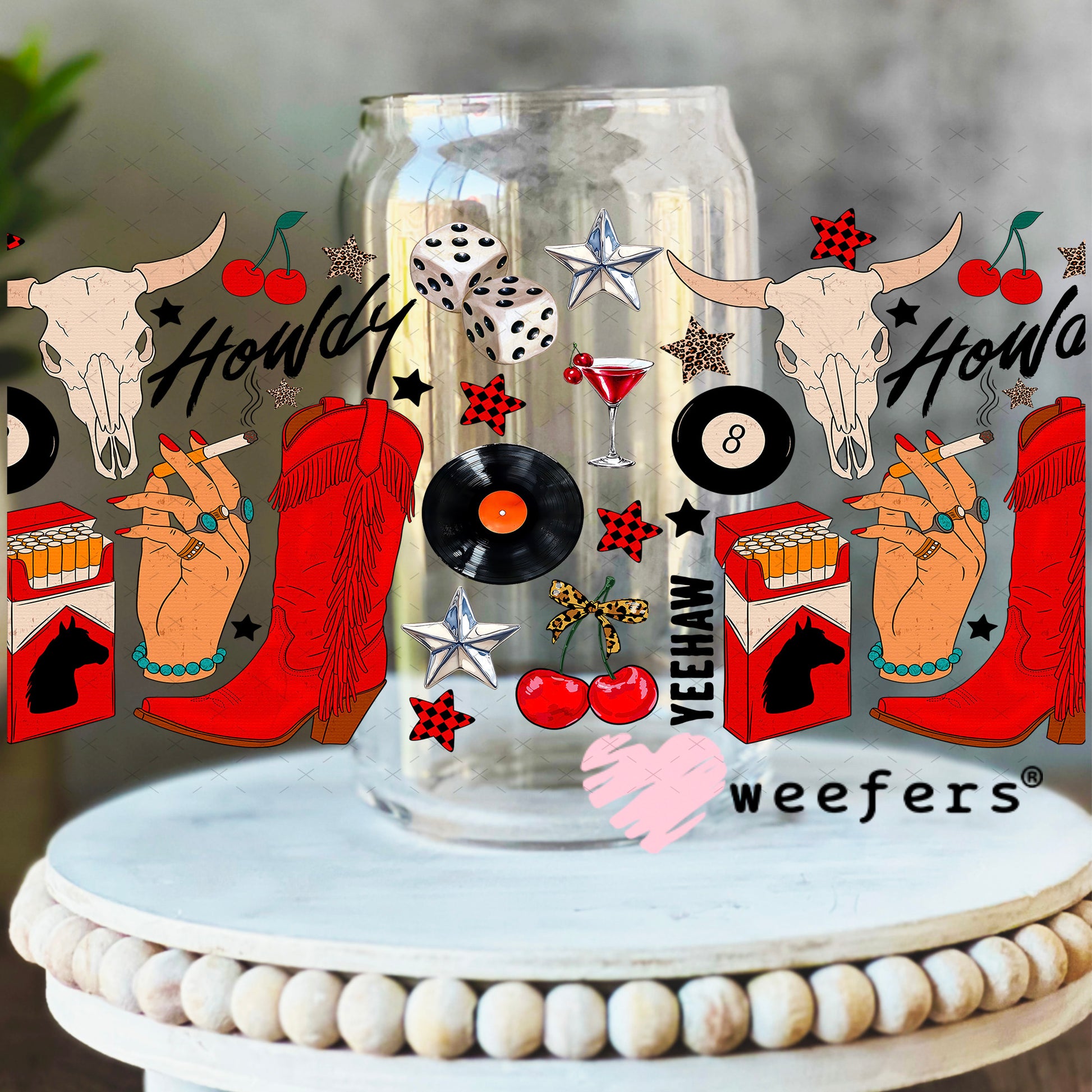 Howdy Red Boots UV DTF Cup Wrap - Weefers Exclusive Wrap 16oz Libbey Glass Original Size Weefers