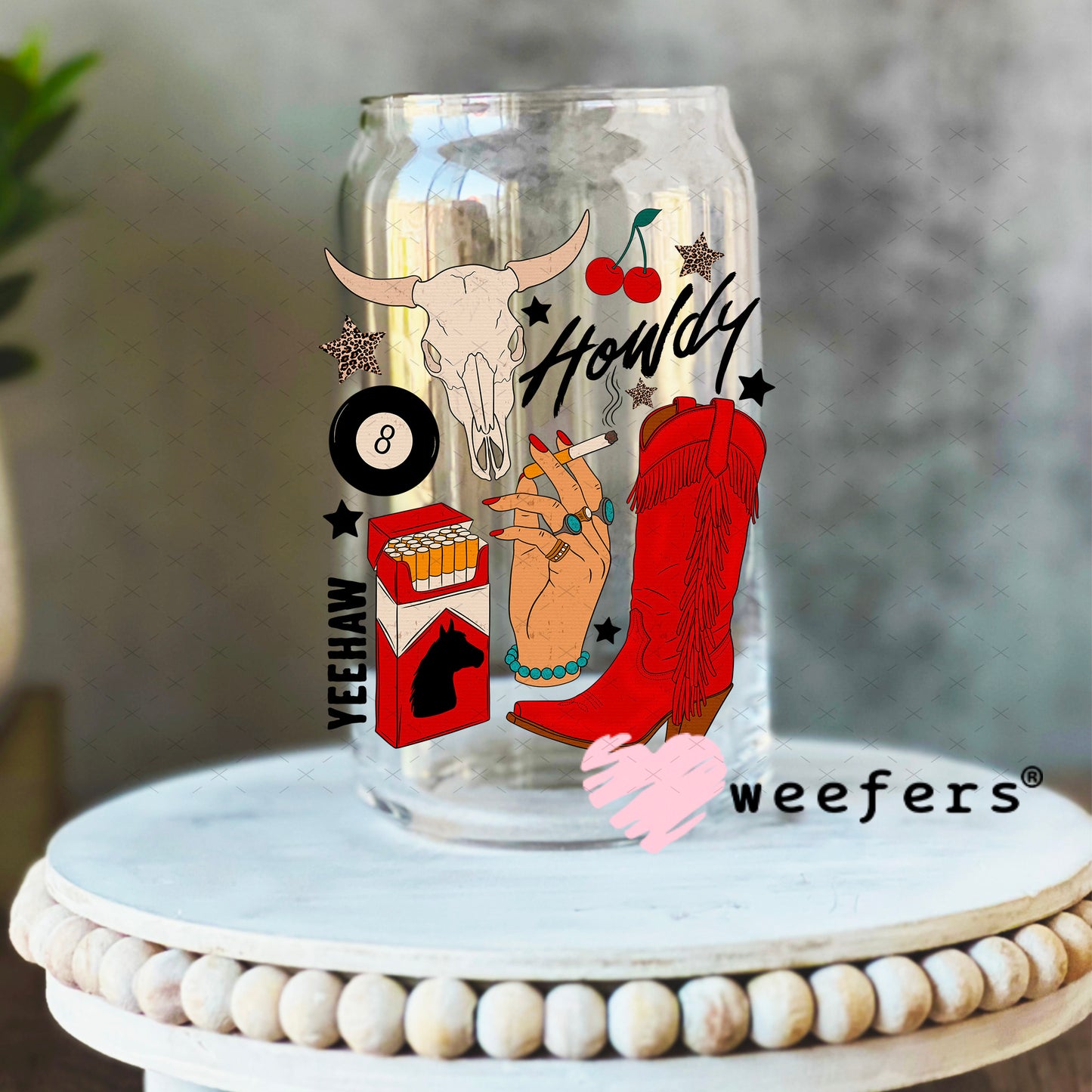Howdy Red Boots UV DTF Decal 16oz Libbey Glass Original Size Weefers