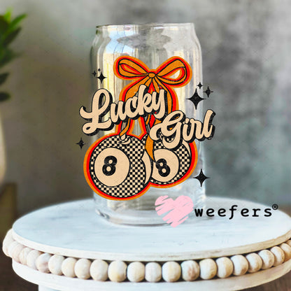 Lucky Girl EightBall Cherries Orange Tan UV DTF Decal 16oz Libbey Glass Original Size Weefers