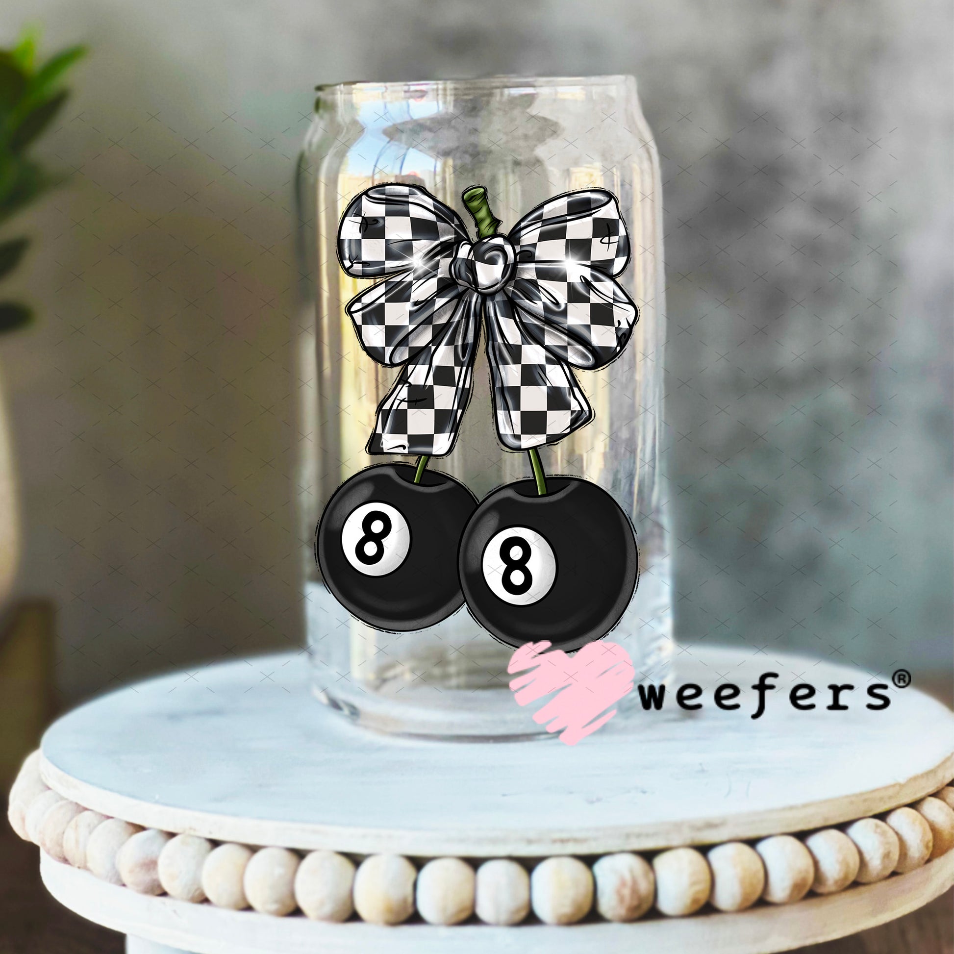 Black and White Checkered Bow Eightball UV DTF Decal 16oz Libbey Glass Original Size Weefers