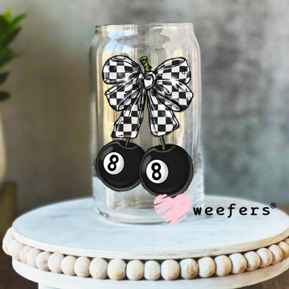 Black and White Checkered Bow Eightball UV DTF Decal 16oz Libbey Glass Original Size Weefers