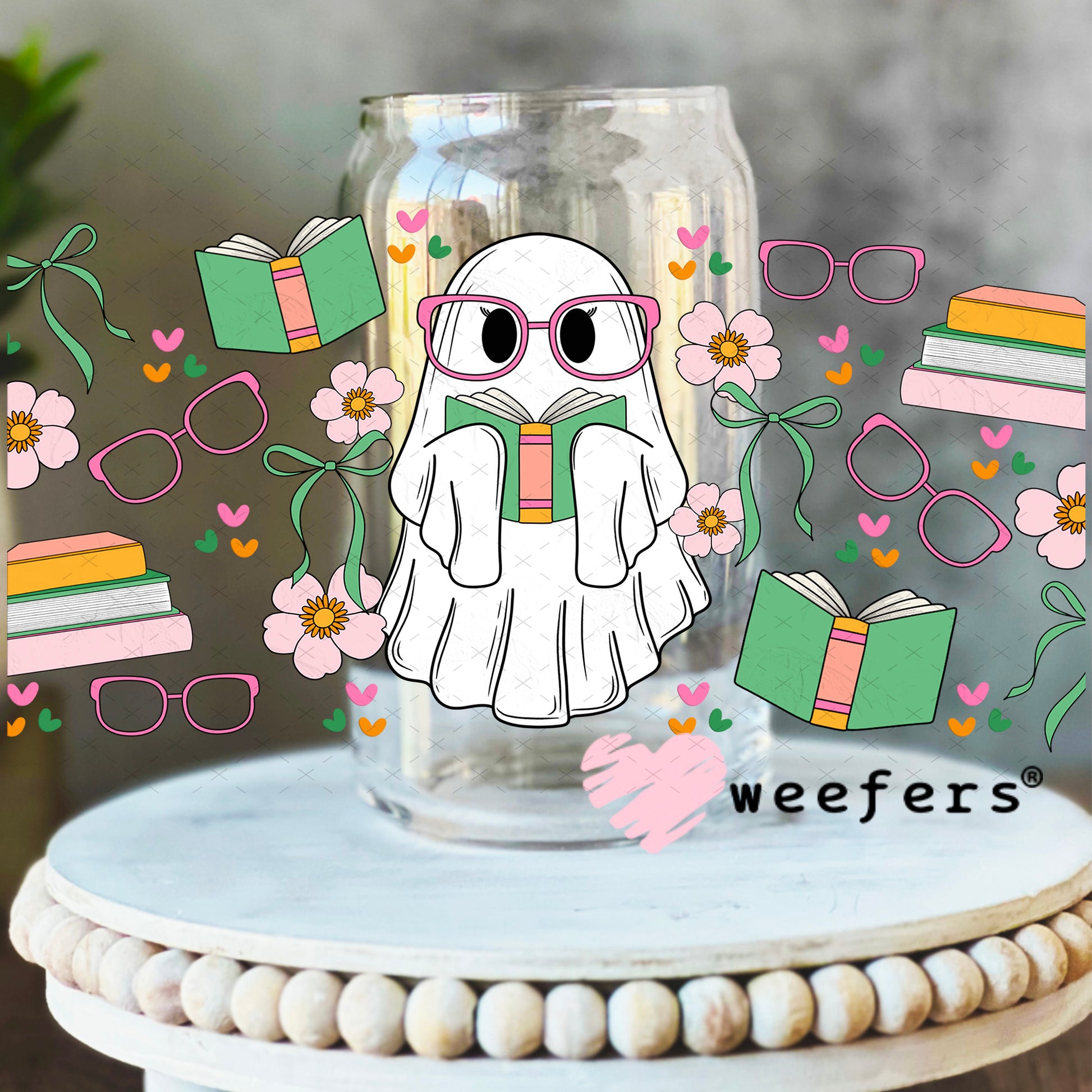 Ghost Green Book Lover UV DTF Cup Wrap 16oz Libbey Glass Original Size Weefers