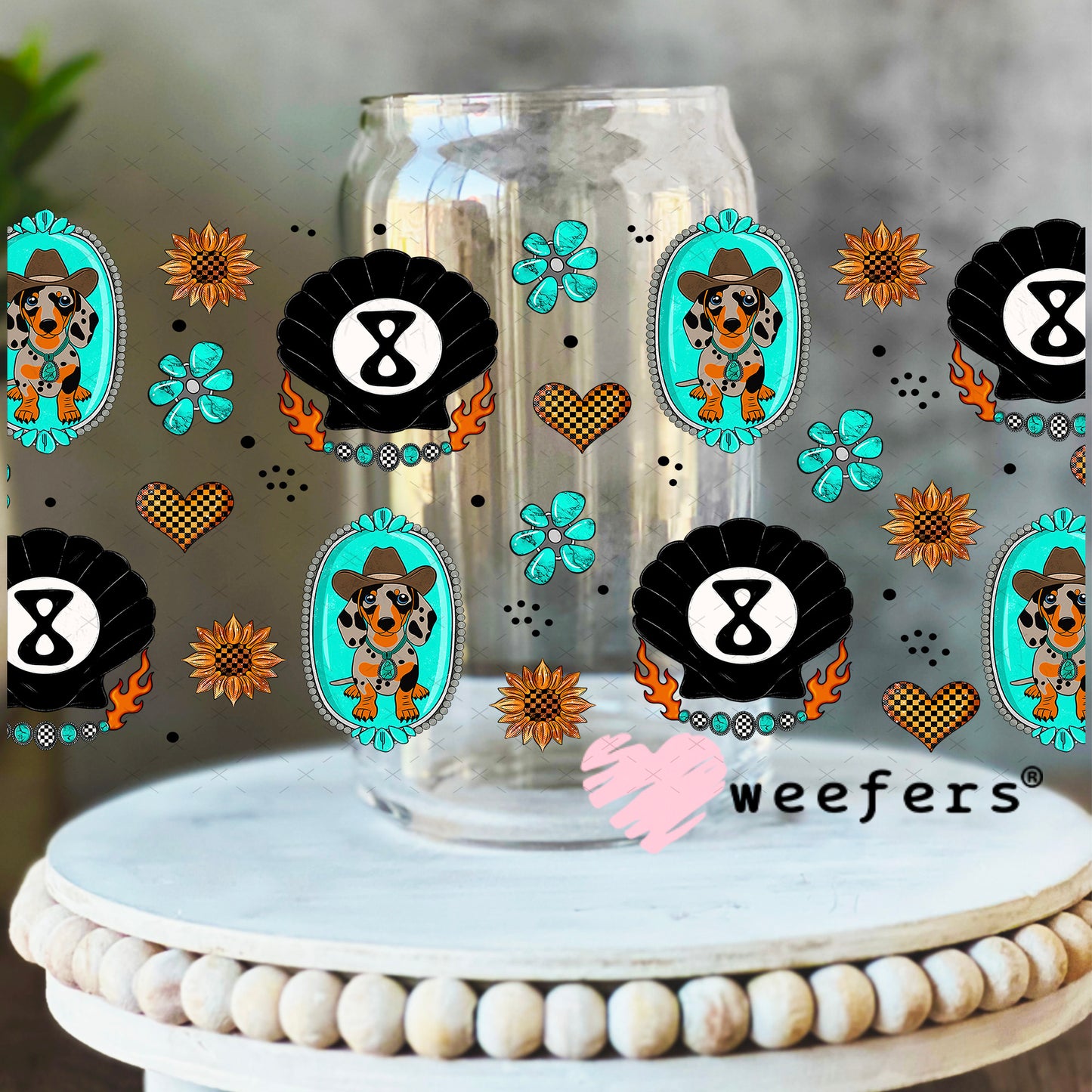 Western Dachshund and Shell Eight Balls UV DTF Cup Wrap - Weefers Exclusive Wrap 16oz Libbey Glass Original Size Weefers