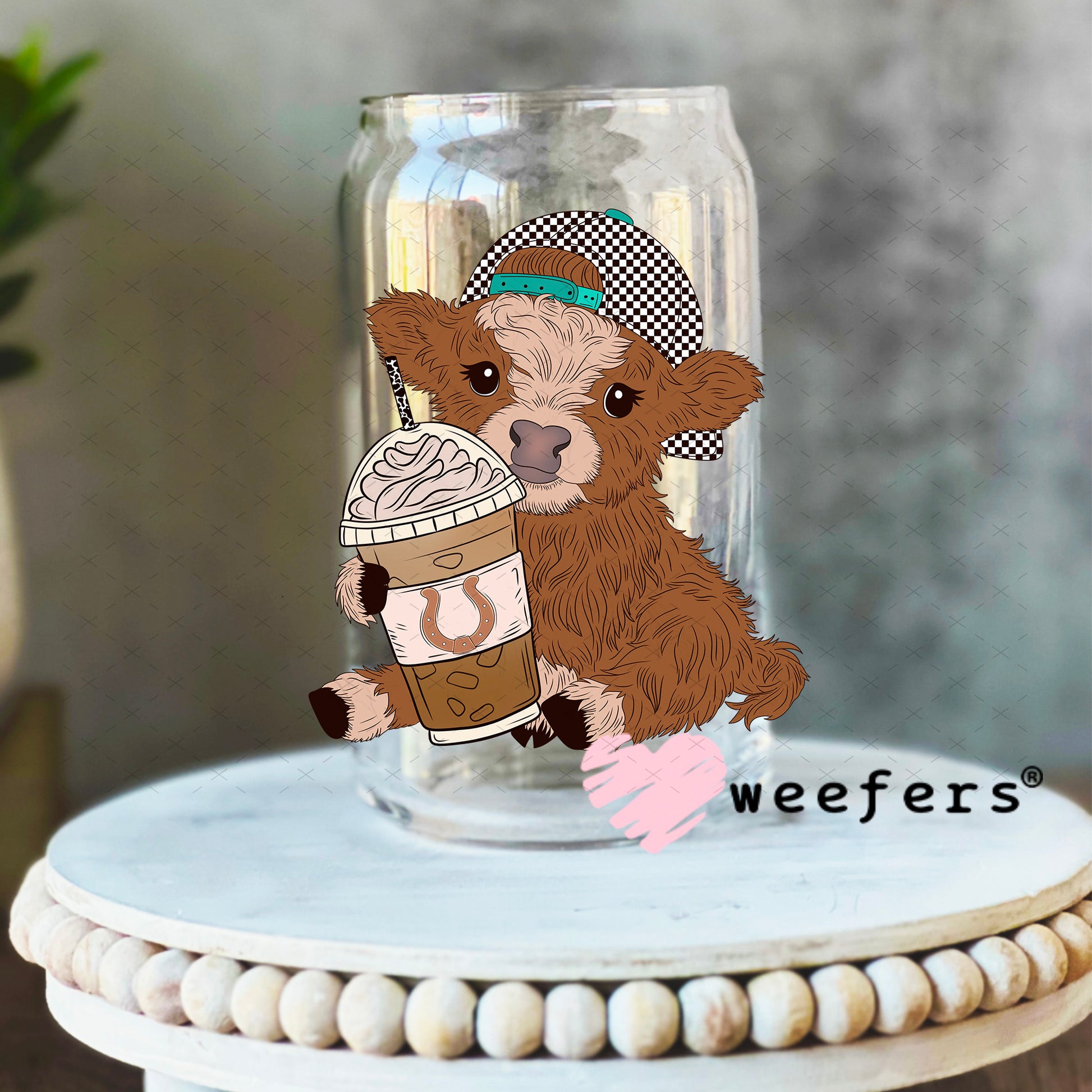 Baby Highlander Cow Coffee Checkered Black Cap UV DTF Decal 16oz Libbey Glass Original Size Weefers