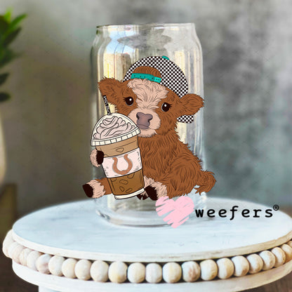 Baby Highlander Cow Coffee Checkered Black Cap UV DTF Decal 16oz Libbey Glass Original Size Weefers