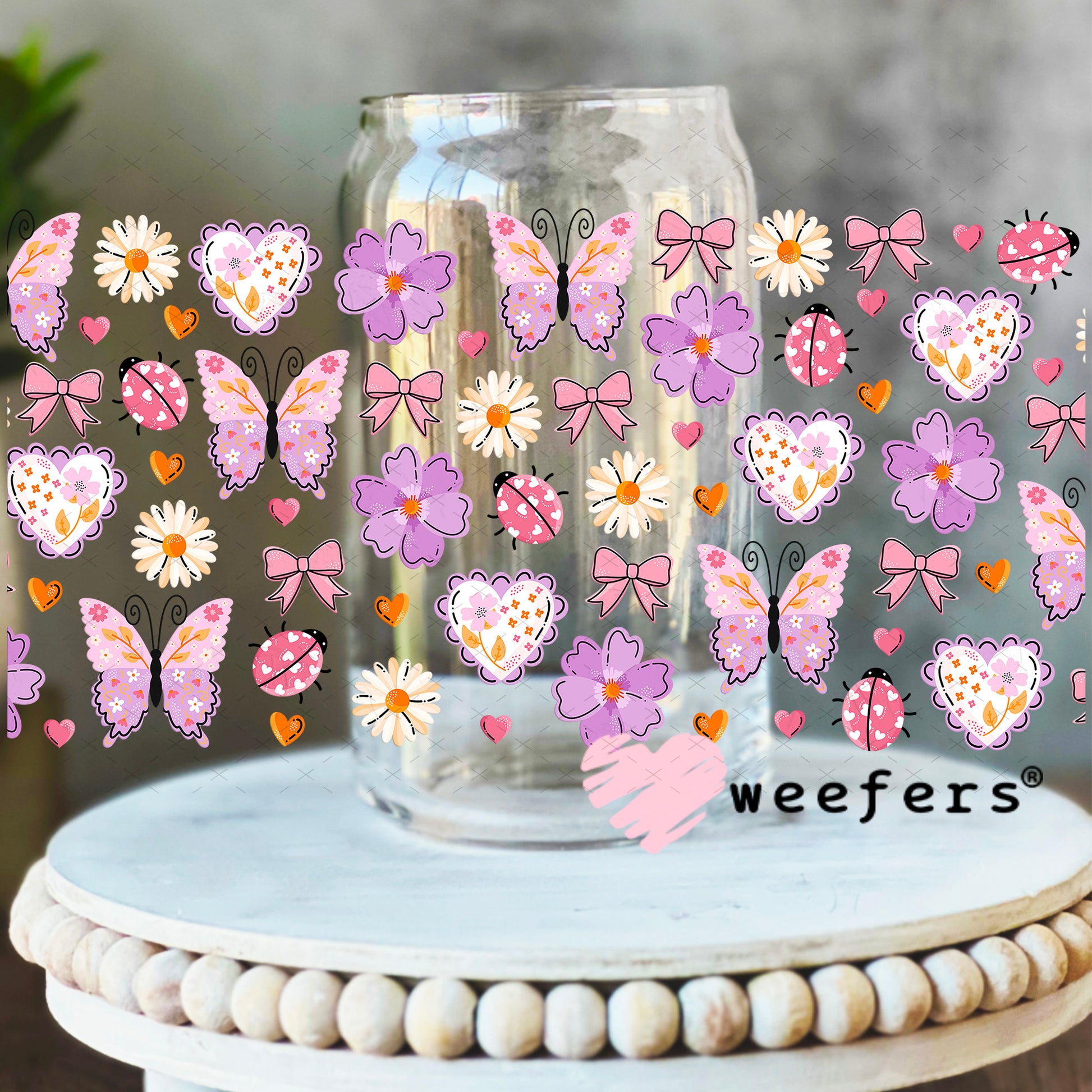 Purple Butterflies and Cream Flowers UV DTF Cup Wrap 16oz Libbey Glass Original Size Weefers
