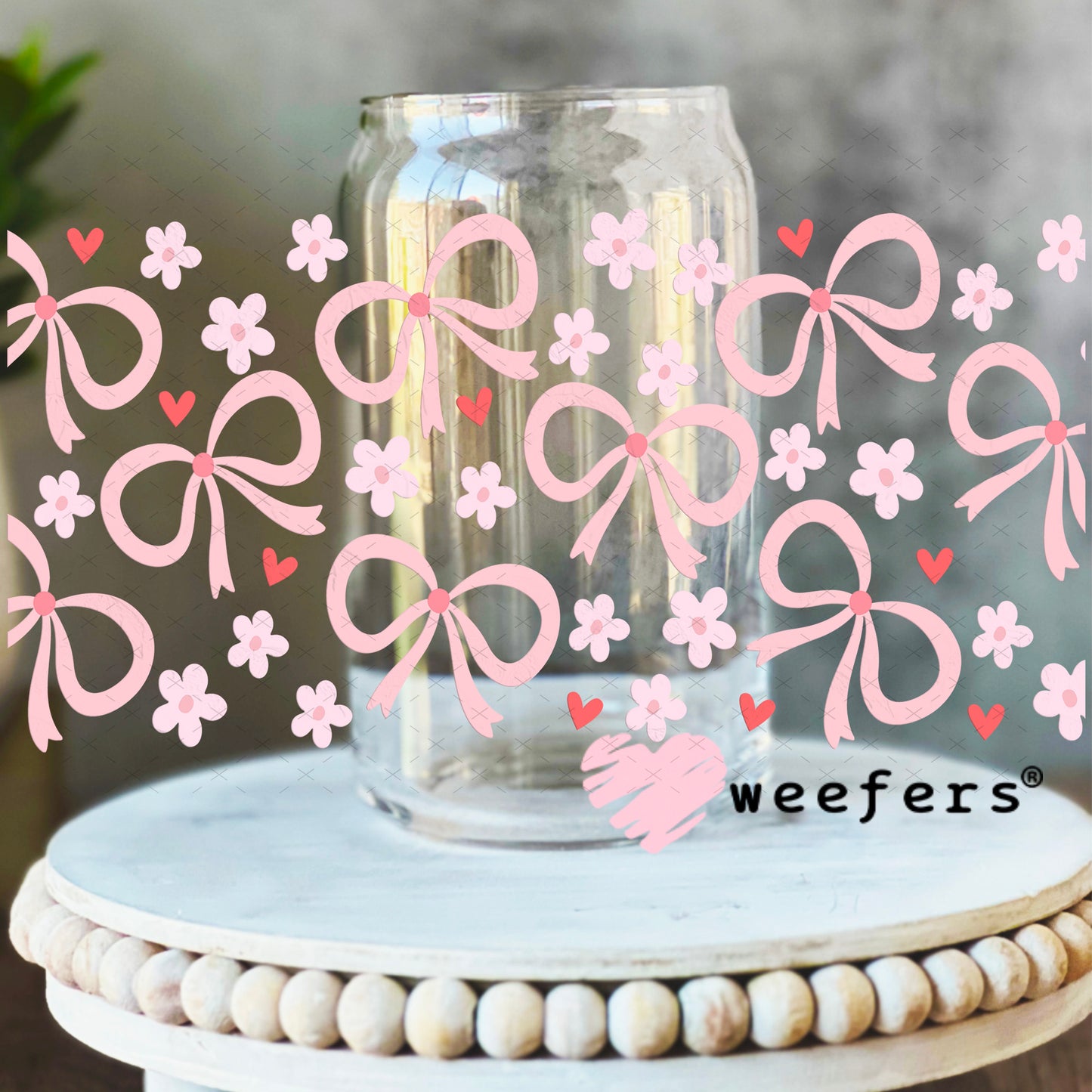 Pink Bows and Light Pink Flowers UV DTF Cup Wrap 16oz Libbey Glass Original Size Weefers