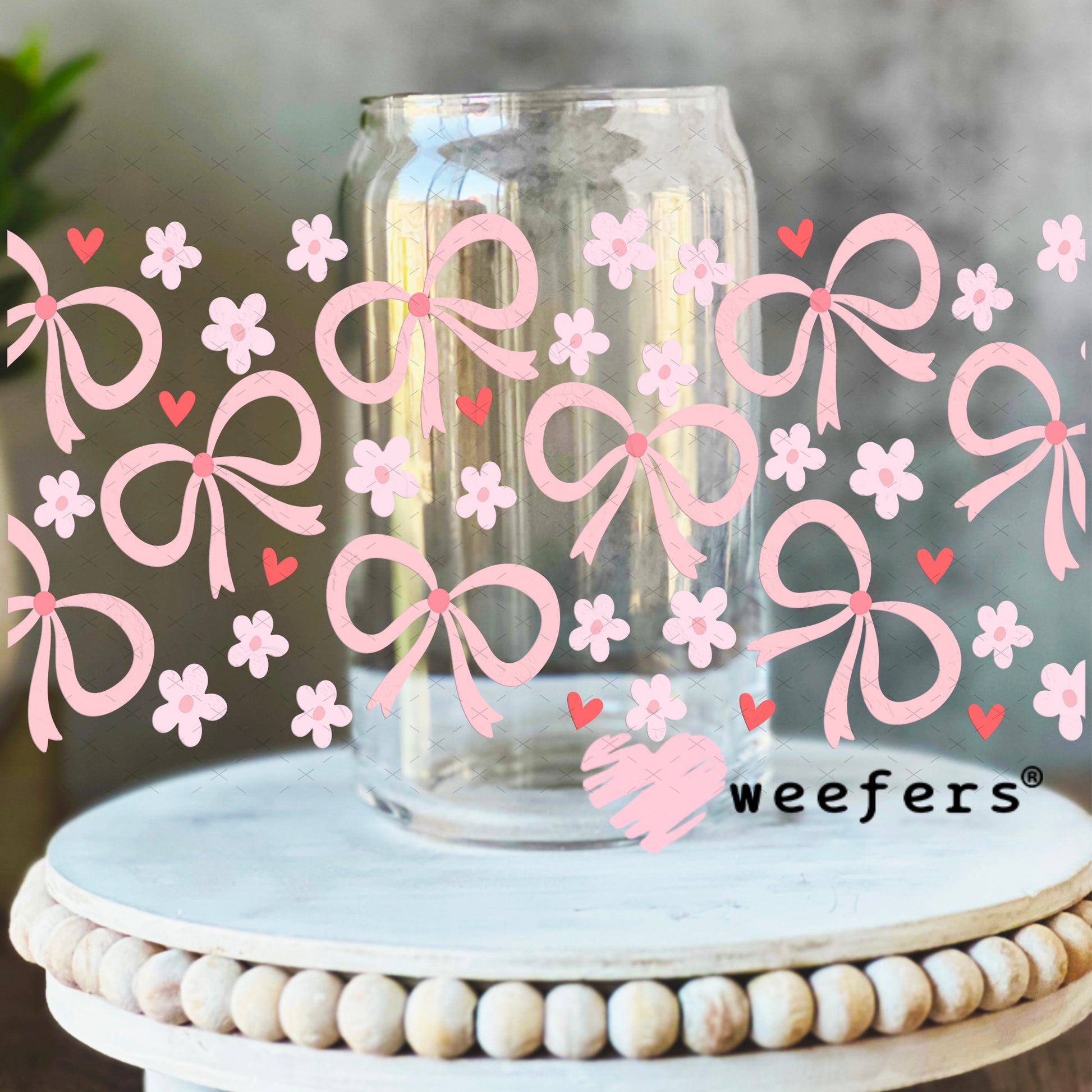 Pink Bows and Light Pink Flowers UV DTF Cup Wrap 16oz Libbey Glass Original Size Weefers